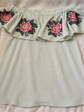Mint Green Off Shoulder Embroidered Rose Peasant Top Boho Medium